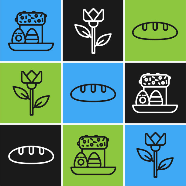 设置行复活节蛋糕和鸡蛋，面包和花卉郁金香图标。向量图片下载