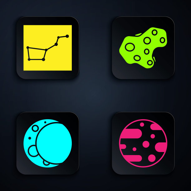 设定火星，大熊星座，月球和小行星。黑色方形按钮。向量图片下载