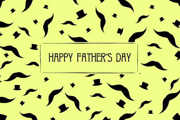 父亲节快乐背景。黄色背景上的胡子和帽柱。贺卡素材图片