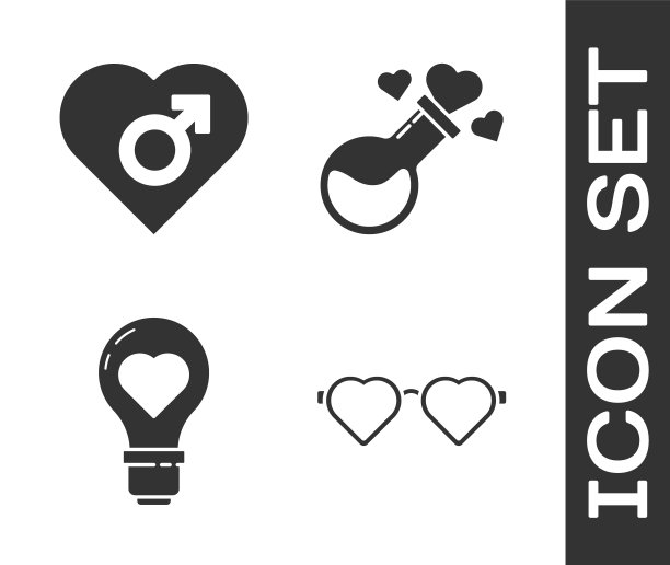 心形的爱情眼镜，心形的男性，心形的灯泡和瓶子与爱情药水图标。向量图片下载