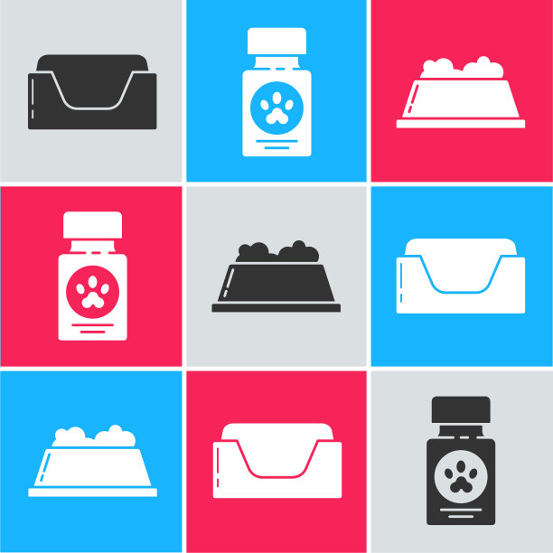 设置宠物床，狗药瓶，药丸和宠物食品碗图标。向量图片下载