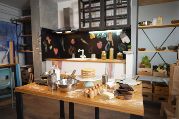 私人公寓的家庭厨房。蛋糕正在制作中，所有需要的材料都放在厨房柜台上。图片下载