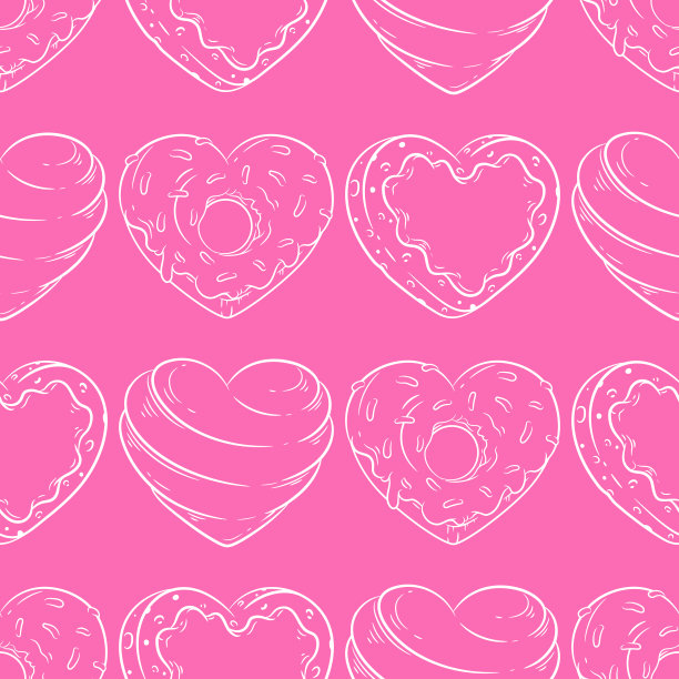 心形甜甜圈，糖果和饼干线艺术矢量无缝模式。背景，包装，菜单，邀请和封面。情人节设计。图片下载