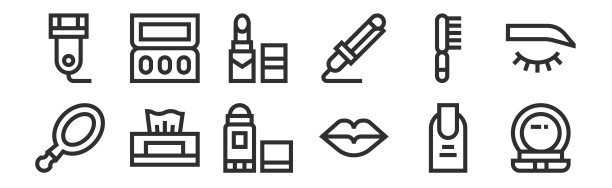 一套12薄轮廓图标，如粉末，嘴唇，纸巾，发刷，口红，眼影网络，移动图片下载