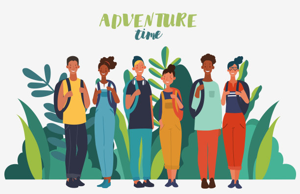 背着背包的年轻人。旅游，假期，假期和冒险矢量概念插图。夏天的风景背景。生态友好型生态理念。自然保育矢量海报图片下载