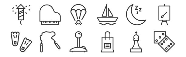 一套12瘦轮廓图标，如骰子，购物袋，绳子玩具，睡觉，降落伞，钢琴为网络，移动图片下载