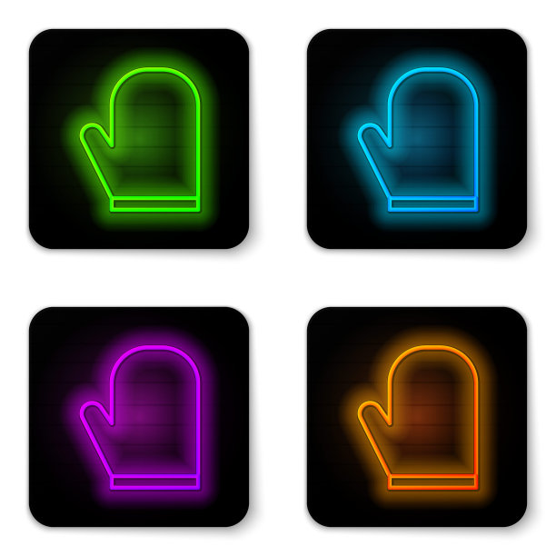 发光的霓虹灯线烤箱手套图标孤立的白色背景。厨房布垫子的迹象。烹饪手套。黑色方形按钮。矢量图图片下载