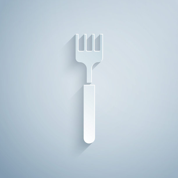 剪纸叉图标孤立在灰色背景。餐具的象征。纸艺术风格。矢量图图片下载