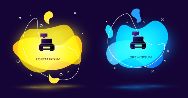 黑色收银机与一个检查图标孤立在黑色背景。收银员的迹象。钱箱的象征。带有液体形状的抽象横幅。矢量图图片下载