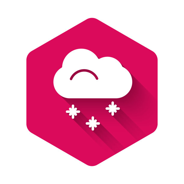 白色的云与雪的图标孤立与长影子。云与雪花。单一的天气图标。下雪的迹象。粉红色的六角按钮。矢量图图片下载