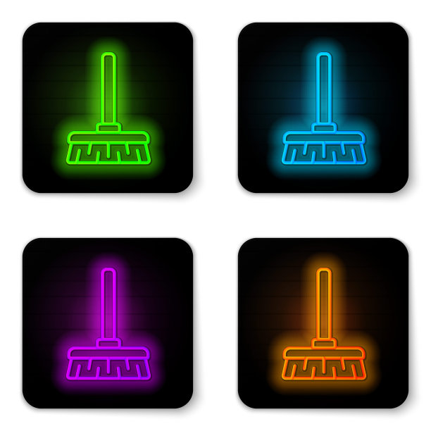 发光的霓虹灯线处理扫帚图标孤立的白色背景。清洁服务理念。黑色方形按钮。矢量图图片下载