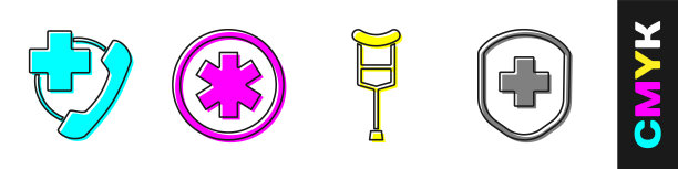 设置紧急电话呼叫医院，医疗符号的紧急，拐杖或拐杖和医疗盾牌与十字图标。向量图片下载