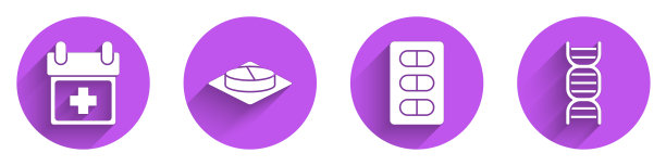 Set Doctor appointment, Medicine pill or tablet, Pills in blister pack and DNA symbol icon with long shadow。向量图片下载