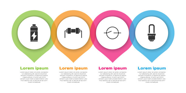 设置电池、电阻器、电路方案和LED灯泡。业务信息模板。向量图片下载
