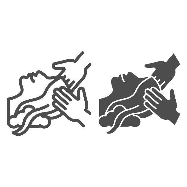 头部按摩线和实体图标，水疗沙龙程序概念，手部按摩女性头部标志在白色背景，治疗性头部按摩图标在轮廓风格的移动，网页。矢量图形。图片下载