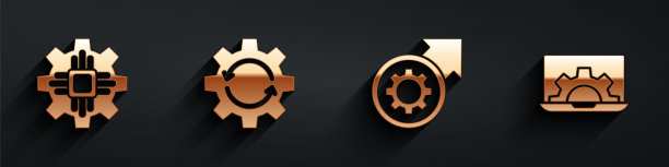 设置处理器，齿轮和箭头作为工作流程，齿轮和箭头作为工作流程和笔记本电脑和齿轮图标与长阴影。向量图片下载