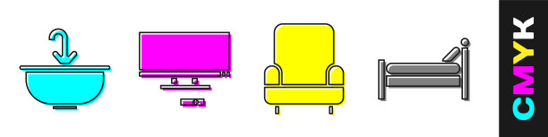 设置面盆水龙头，智能电视，扶手椅和床图标。向量图片下载