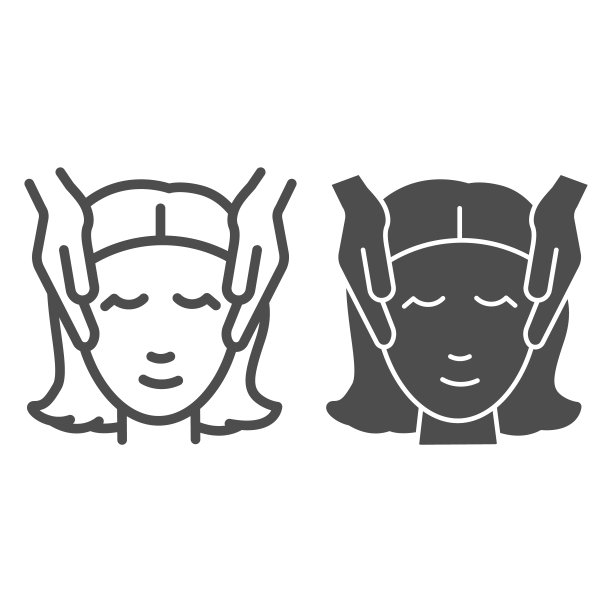 女孩的手和头部线和固体图标，水疗沙龙的程序概念，女性脸部按摩标志在白色的背景，治疗按摩图标在轮廓风格的移动，网页。矢量图形。图片下载