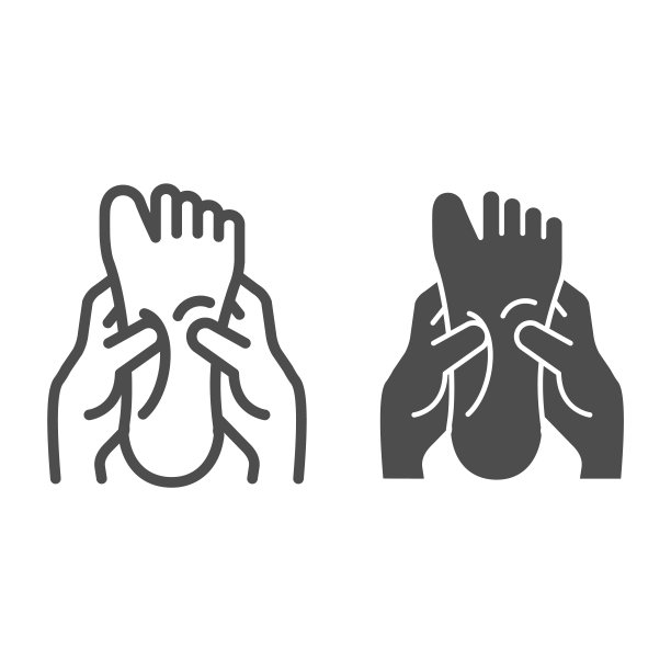 两只手按摩一只脚线和固体图标，水疗沙龙程序概念，脚按摩标志在白色背景，脚护理图标轮廓风格的移动概念和网页设计。矢量图形。图片下载