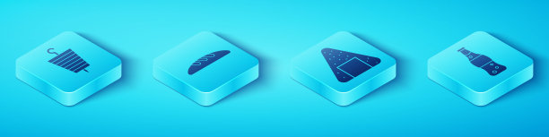 设置等距烤羊肉串，面包条，瓶装水和饭团的图标。向量图片下载