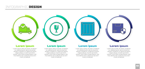 设有带检查标志的运货车、易碎玻璃、木箱和带防护罩的运输安全。业务信息模板。向量图片下载