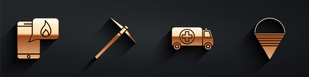 设置电话与紧急呼叫911,Pickaxe，救护车和紧急汽车和消防锥桶图标与长影子。向量图片下载