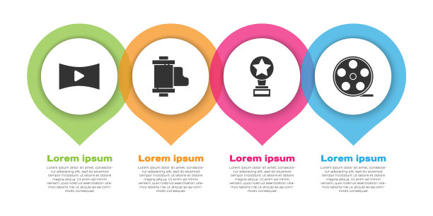 设置在线播放视频，相机复古胶卷卷轴，电影奖杯和电影卷轴。业务信息模板。向量图片下载
