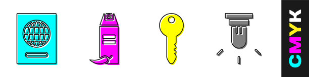 设置护照，胡椒喷雾，关键和运动传感器图标。向量图片下载