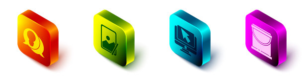 设置具有概念概念的等距灯泡、平板电脑、电脑显示器、光标和油漆桶图标。向量图片下载