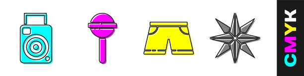 设置相机，棒棒糖，泳裤和风玫瑰图标。向量图片下载