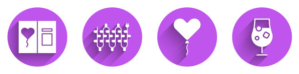 集贺卡，圣诞灯，气球的形式的心和鸡尾酒和酒精饮料图标与长影子。向量图片下载