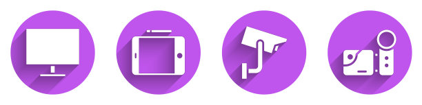 设置电脑显示器屏幕、平板电脑、安防摄像头和影院摄像头的长阴影图标。向量图片下载