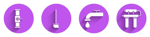 设置工业管道和阀门，拖把，水龙头和过滤器图标，带有长阴影。向量图片下载