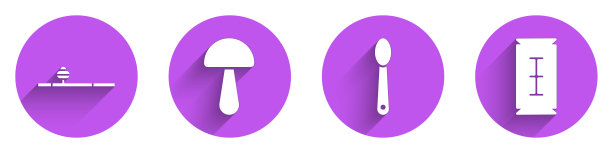 设置鸦片烟斗，裸盖菇素蘑菇，海洛因在勺子和刀片剃须刀图标与长影子。向量图片下载