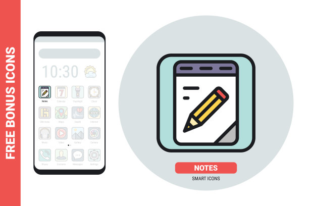 笔记本，记事本或笔记应用图标智能手机，平板电脑，笔记本电脑或其他智能设备与移动界面。简单的颜色版本。包含免费奖励图标图片下载
