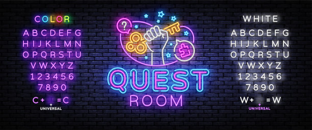 逃离房间霓虹符号向量。设计模板，灯光横幅，夜间招牌，夜间亮广告，灯光铭文。矢量插图。编辑文字霓虹灯图片下载