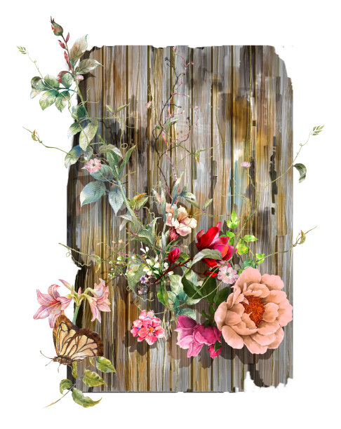 水彩插图的叶子和花与绘制的木材在白色的背景图片下载