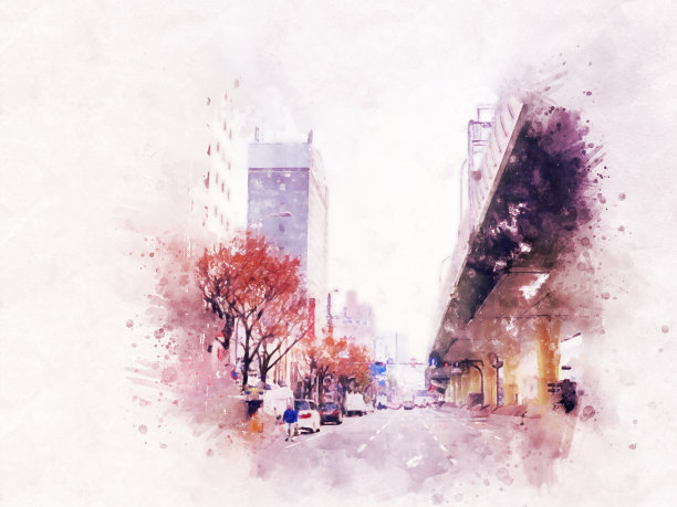 抽象办公楼以城市建筑为背景绘制水彩画。城市上的数字插画刷艺术。图片下载