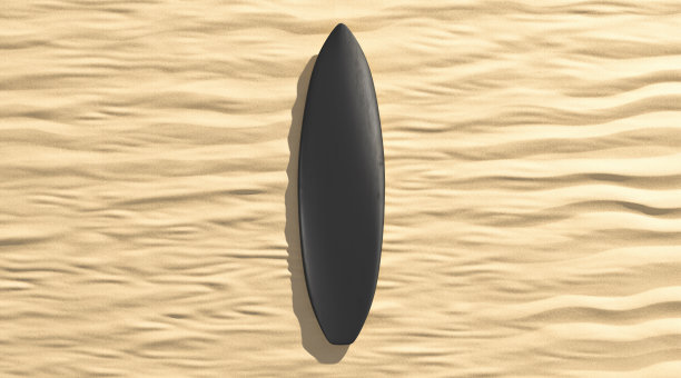 空白的黑色冲浪板躺在沙滩上模拟起来，俯视图图片下载