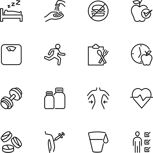 与健康生活相关的线图标设置可编辑图片下载