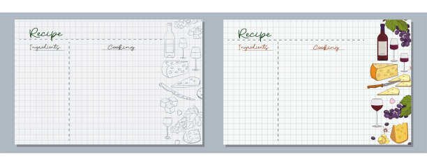 用单色和彩色的纸手绘奶酪、葡萄、玻璃杯和一瓶葡萄酒，为你的菜肴编写美味的食谱图片下载