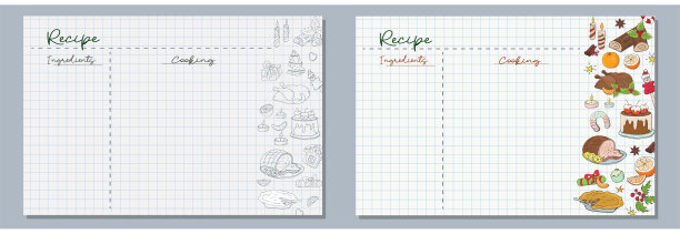 用手绘的材料制作的圣诞晚餐，火鸡，甜蛋糕，橙子，糖果和姜饼曲奇在单色和彩色的学校纸写美味的食谱图片下载