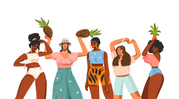 手绘矢量抽象股票平面图形插图与年轻快乐的多民族小聚集美丽女性收集集孤立在白色的背景图片下载