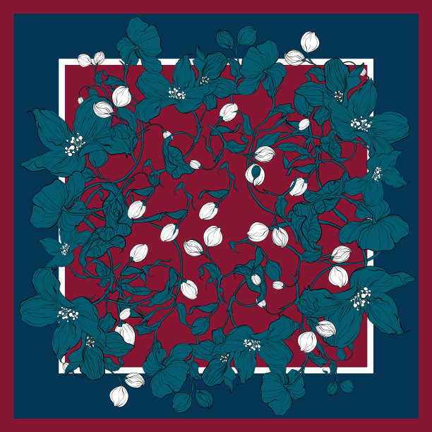 苹果花丝巾。抽象无缝矢量图案与手绘花卉元素。使花色丝巾流行起来。红色，蓝色，绿色和白色图片下载