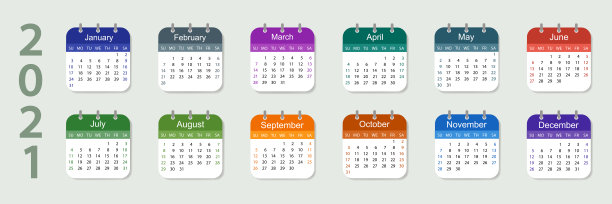 2021年日历。一周从周日开始。灯光背景上的色彩设计。图片下载