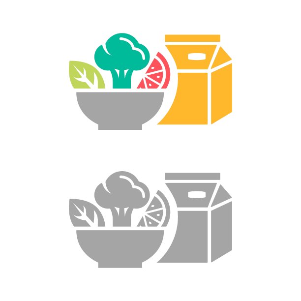 健康食品的平面图标。在白色背景上分离的沙拉，蔬菜和酸奶的矢量插图。有机膳食，健康营养。图片下载