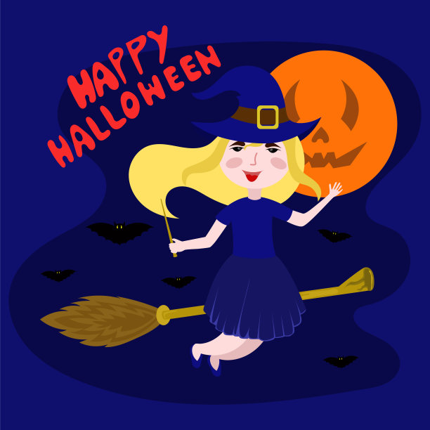 女巫飞在扫帚上的矢量插图。万圣节快乐。图片下载
