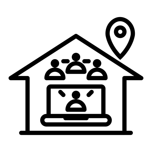 矢量是与笔记本电脑视频会议小组和pin位置的笔记本电脑的主页轮廓图标白色背景。图片下载