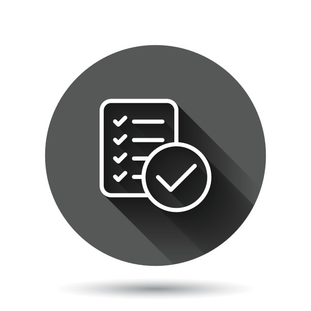 扁平化的文档清单图标。报告矢量插图在黑色的圆形背景和长阴影效果。纸圆按钮的经营理念。图片下载