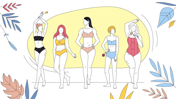 暑假的概念，美丽和时尚。一群穿着泳衣的女人站成一排。抽象背景下的美丽女孩。卡通线性轮廓扁平风格。矢量图图片下载